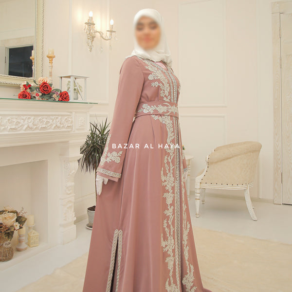 Duha Dusty Rose Moroccan Embroidered Luxurious Kaftan Abaya With