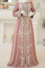Duha Dusty Rose Moroccan Embroidered Luxurious Kaftan Abaya With Silk Dress & Belt Set - 3 Piece