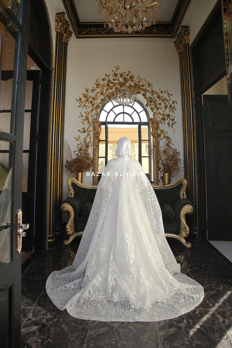 Zulaykha Bridal Dress Silk & Lace Cloak Set Gown For Walima & Wedding Bazar Al Haya Zulaykha Bridal Dress Silk & Lace Cloak Set Gown For Walima & Wedding Bazar Al Haya