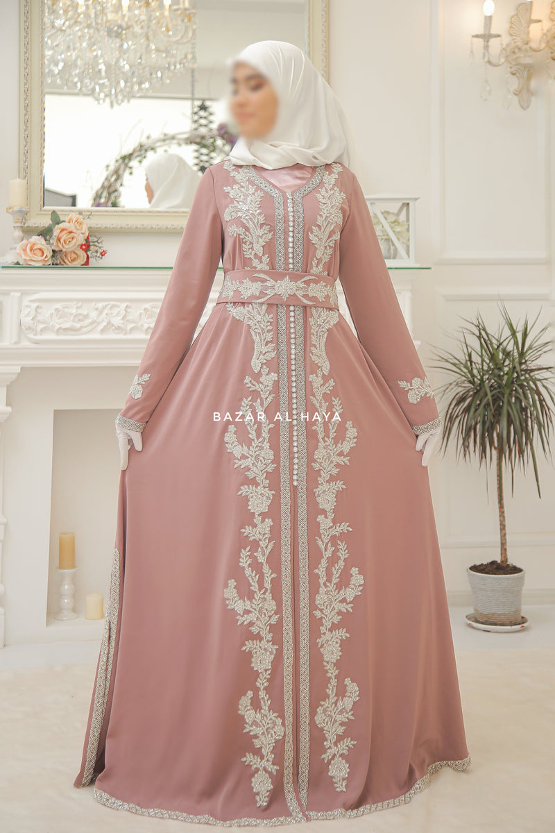 Duha Dusty Rose Moroccan Embroidered Luxurious Kaftan Abaya With Silk Dress & Belt Set Duha Dusty Rose Moroccan Embroidered Luxurious Kaftan Abaya With Silk Dress & Belt Set