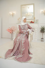 Duha Dusty Rose Moroccan Embroidered Luxurious Kaftan Abaya With Silk Dress & Belt Set - 3 Piece