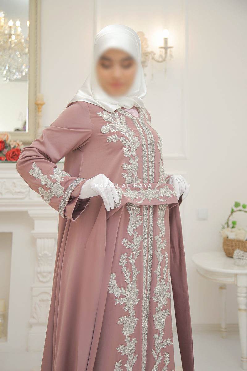 Duha Dusty Rose Moroccan Embroidered Luxurious Kaftan Abaya With