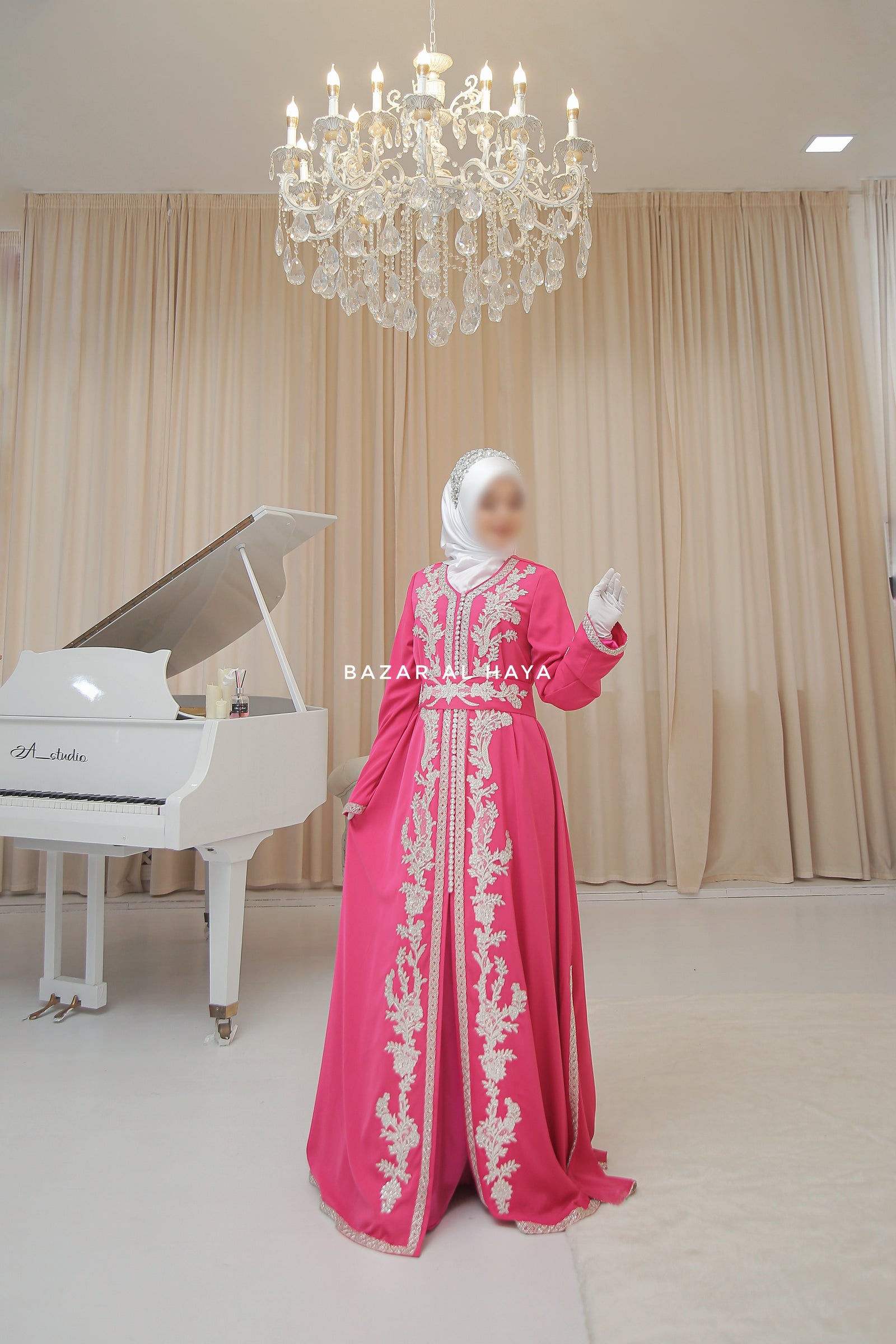 DUHA Rassberry Moroccan Embroidered Luxurious Kaftan Abaya with Silk Dress & Belt Set