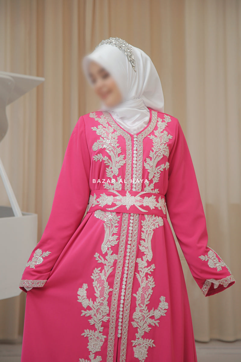 Duha Rassberry Moroccan Embroidered Luxurious Kaftan Abaya With Silk Dress & Belt Set - 3 Piece