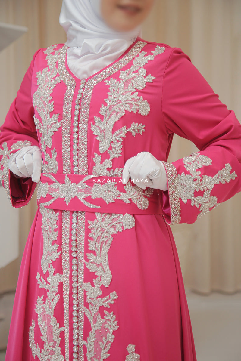 Duha Rassberry Moroccan Embroidered Luxurious Kaftan Abaya With Silk Dress & Belt Set - 3 Piece