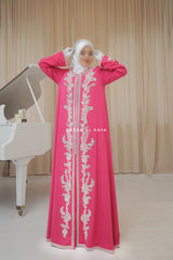 Duha Rassberry Moroccan Embroidered Luxurious Kaftan Abaya With Silk Dress & Belt Set - 3 Piece