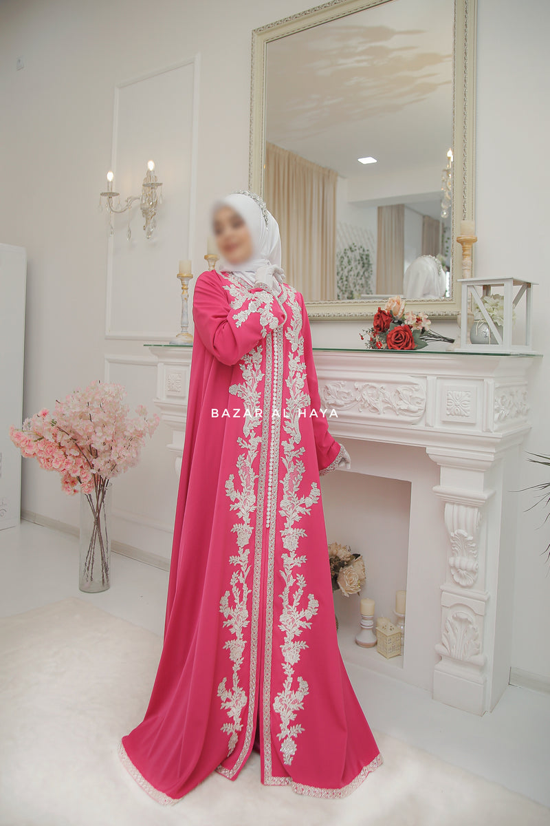 Duha Rassberry Moroccan Embroidered Luxurious Kaftan Abaya With Silk Dress & Belt Set - 3 Piece