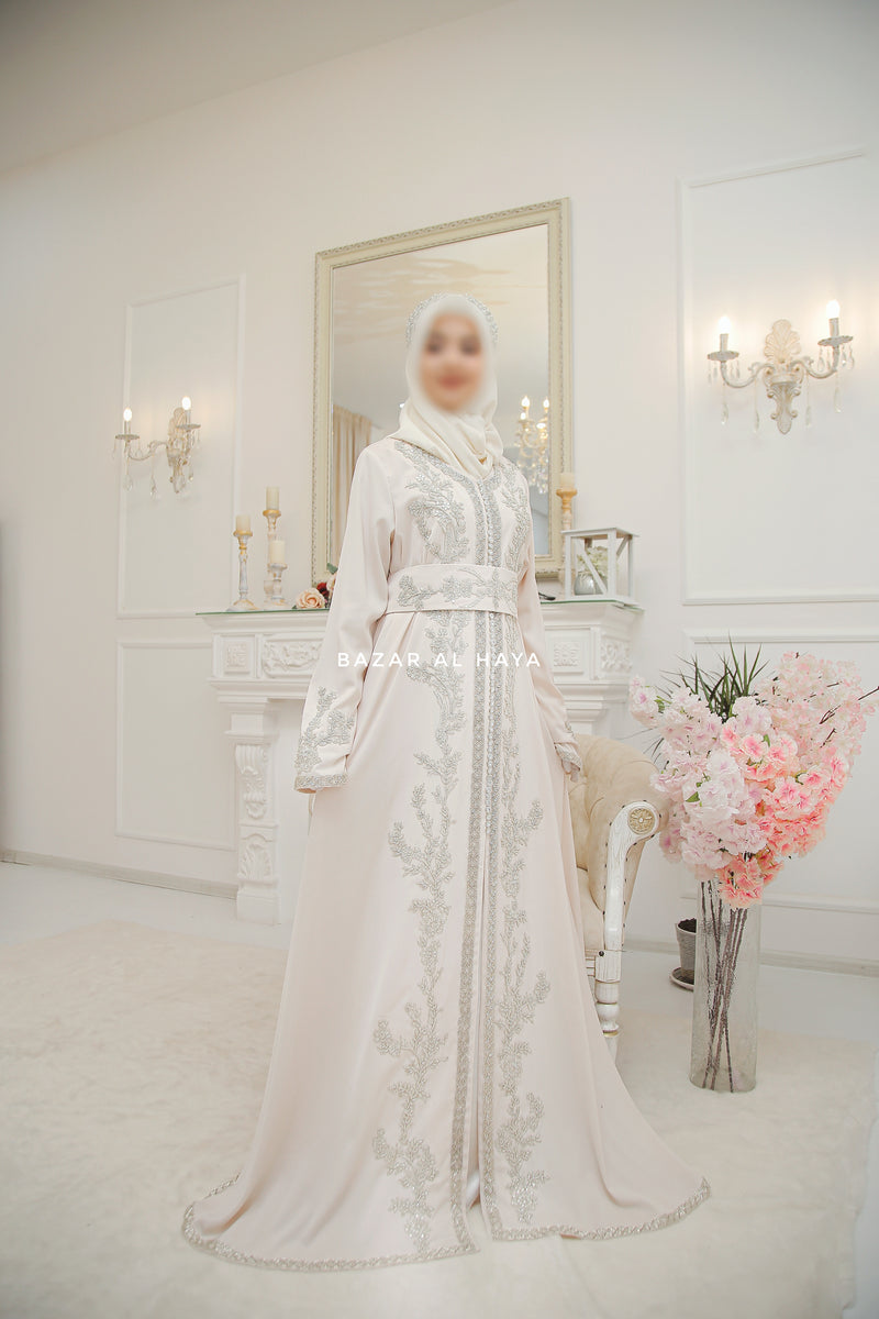 Ivory Duha Moroccan Embroidered Uniqe Kaftan Abaya With Silk Dress & Belt Set - 3 Piece Ivory Duha Moroccan Embroidered Uniqe Kaftan Abaya With Silk Dress & Belt Set - 3 Piece
