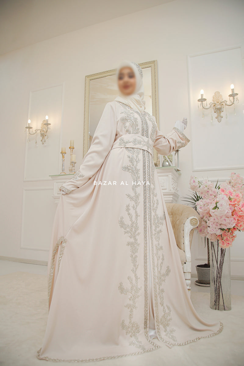 Ivory Duha Moroccan Embroidered Uniqe Kaftan Abaya With Silk Dress & Belt Set - 3 Piece