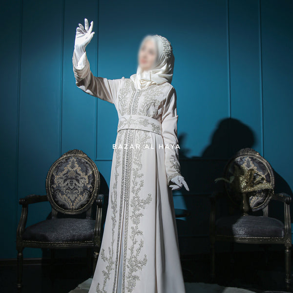 Duha Ivory Moroccan Embroidered Gleaming Kaftan With Silk Dress Belt Set 3 Piece