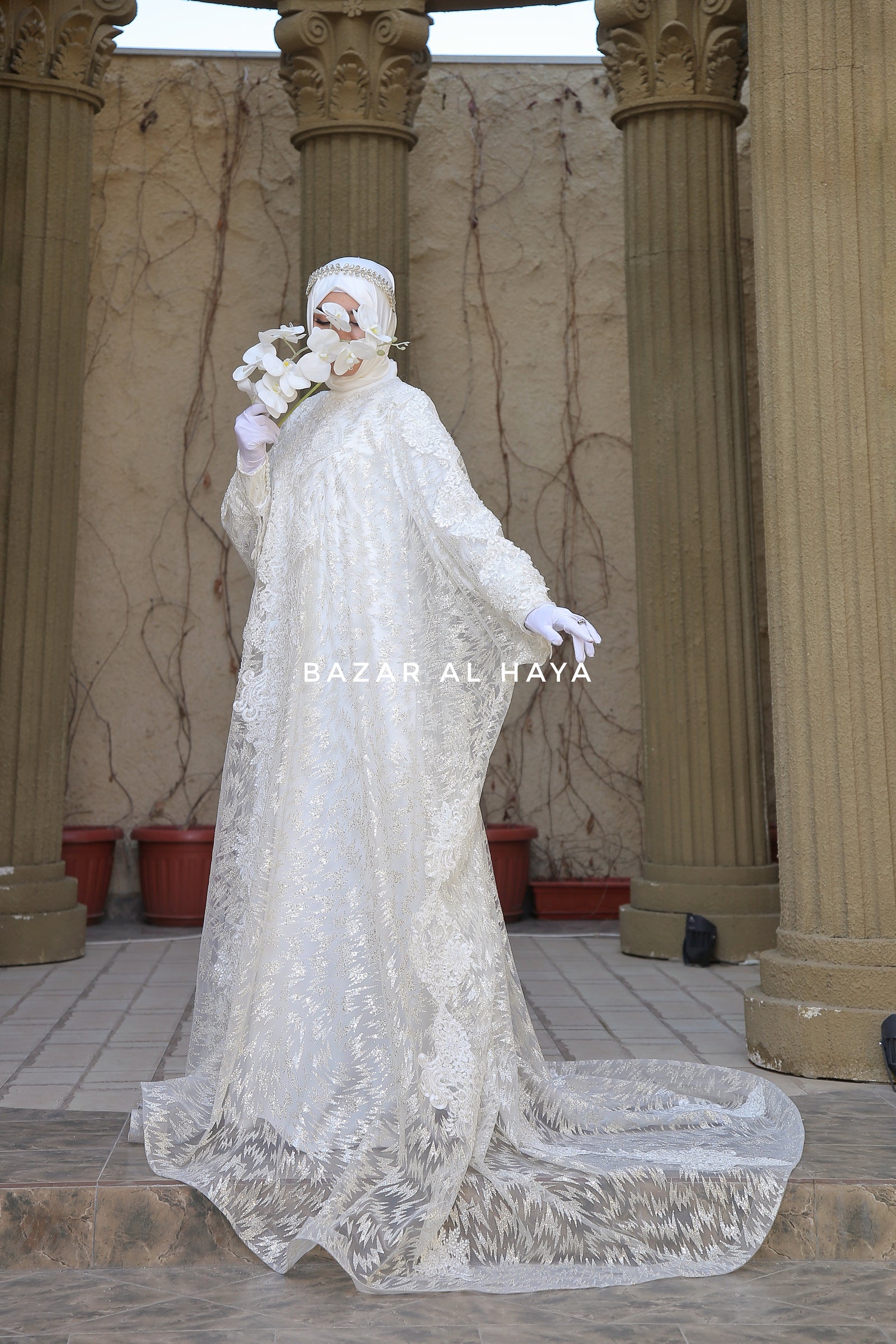 Sahiba Bridal Silk Gown Abaya & Lace Cloak Set For Walima & Wedding Bazar Al Haya Sahiba Bridal Silk Gown Abaya & Lace Cloak Set For Walima & Wedding Bazar Al Haya