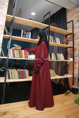 Safa Burgundy Loose - Fit Abaya With Button Front - Silk Crepe