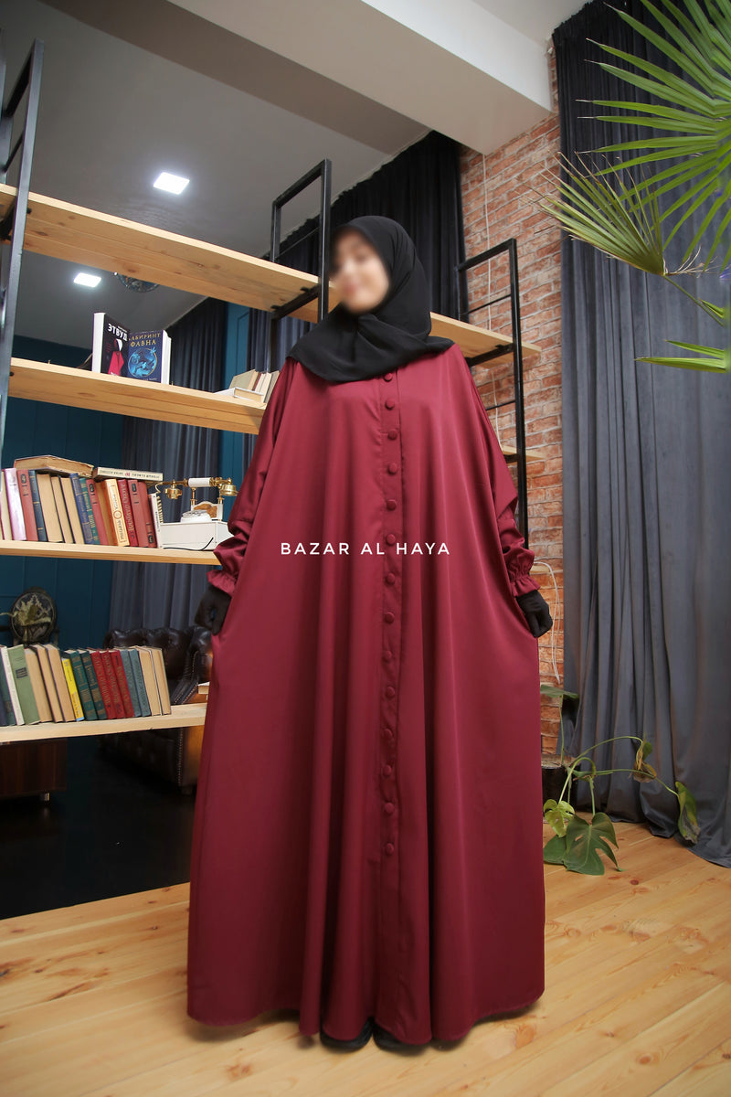 Safa Burgundy Loose - Fit Abaya With Button Front - Silk Crepe