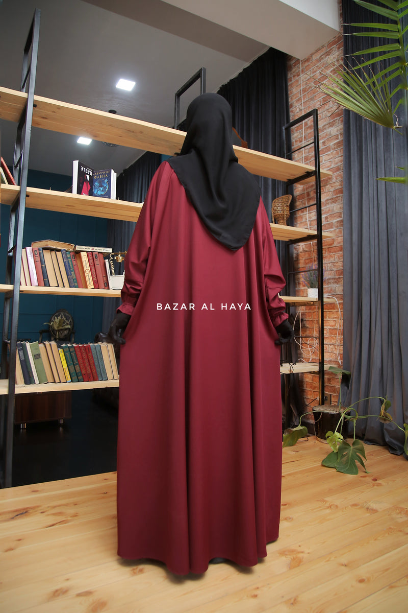 Safa Burgundy Loose - Fit Abaya With Button Front - Silk Crepe