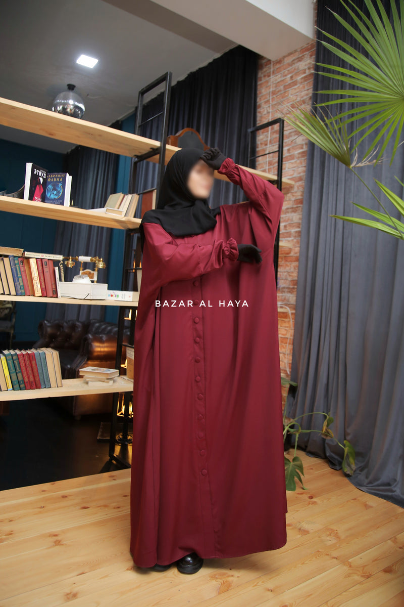 Safa Burgundy Loose - Fit Abaya With Button Front - Silk Crepe