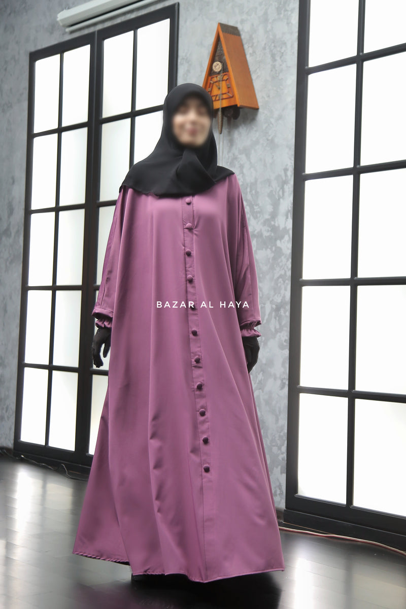 Safa Mauve Loose - Fit Abaya With Button Front - Silk Crepe