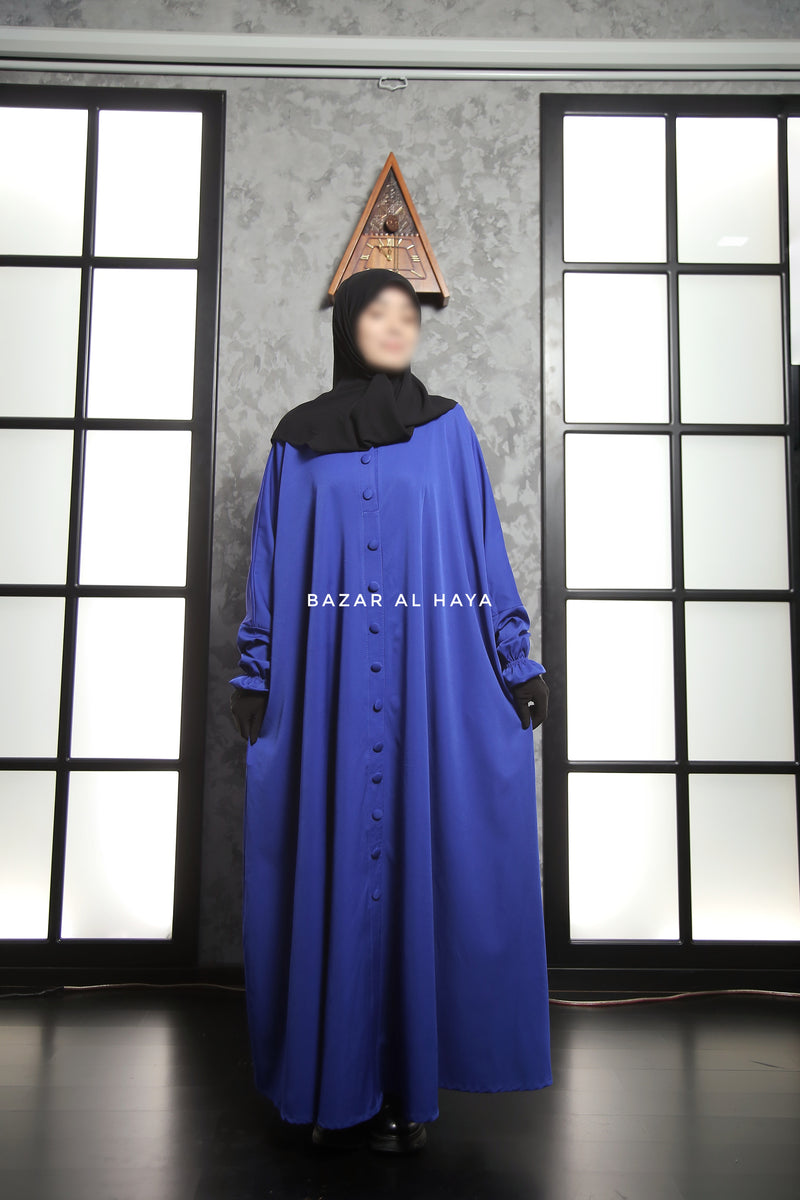 Safa Royal Blue Loose - Fit Abaya With Button Front - Silk Crepe