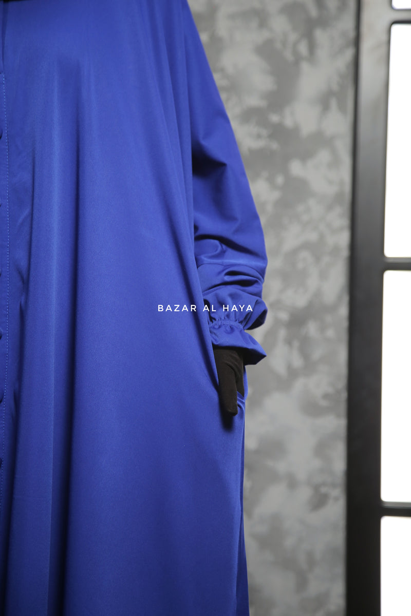 Safa Royal Blue Loose - Fit Abaya With Button Front - Silk Crepe