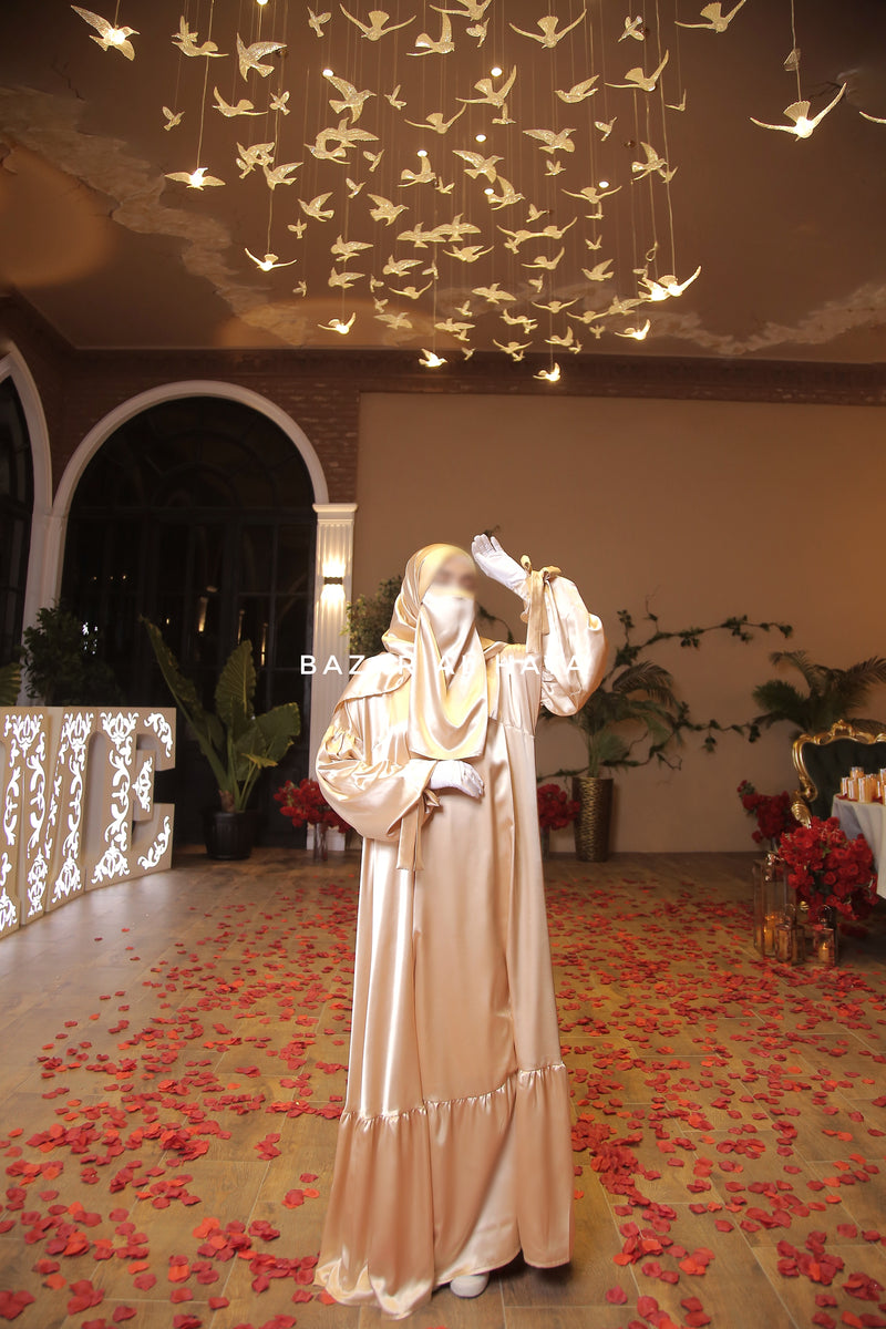 Gold Elegant Shaheen Satin Dress Scarf & Slip Dress Set - 3 Piece