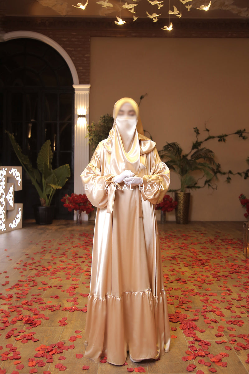 Gold Elegant Shaheen Satin Dress Scarf & Slip Dress Set - 3 Piece S Gold Elegant Shaheen Satin Dress Scarf & Slip Dress Set - 3 Piece S