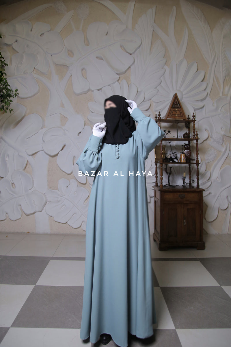 Rania Mint Abaya Dress Half-Placket Button Front & Sleeve - Mediumweight Soft Crepe Cotton