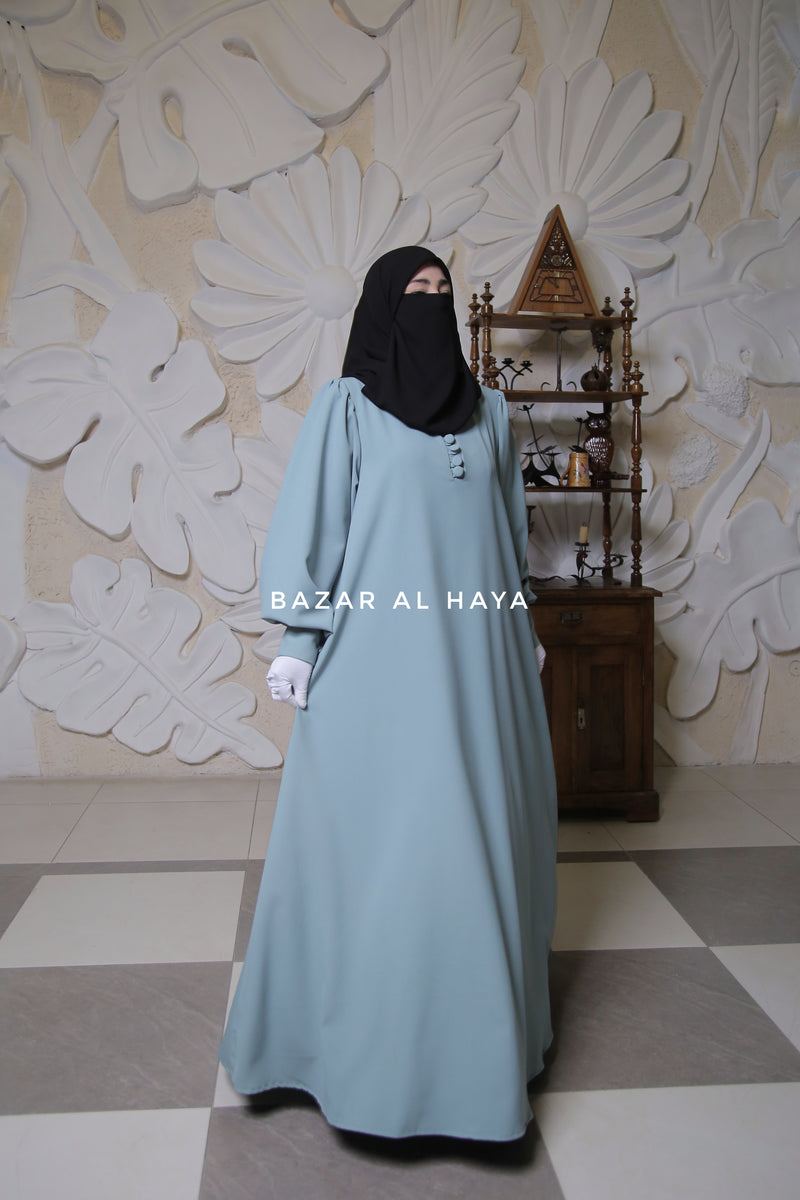 Rania Mint Abaya Dress Half-Placket Button Front & Sleeve - Mediumweight Soft Crepe Cotton