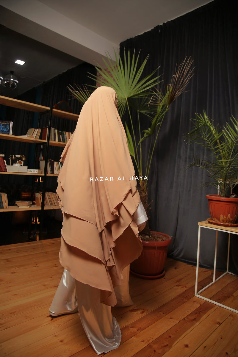 Latte Aiza Three Layered Diamond Khimar - Premium Stretch