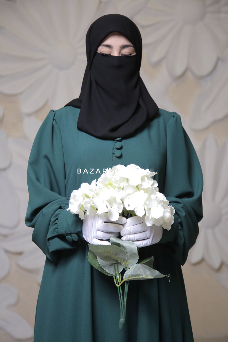 Rania Emerald Green Abaya Dress Half-Placket Button Front & Sleeve - Mediumweight Soft Crepe Cotton