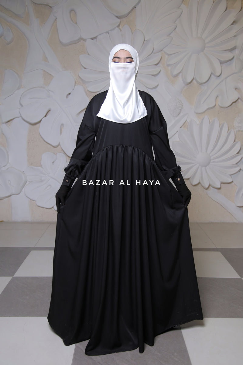 Erina Black Abaya Dress, Uniqe Round Collar Classic Design - Puff Sleeves