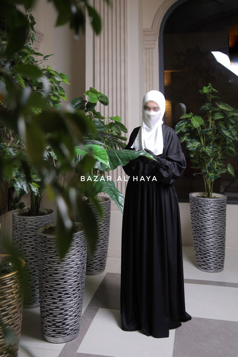 Erina Black Abaya Dress, Uniqe Round Collar Classic Design - Puff Sleeves