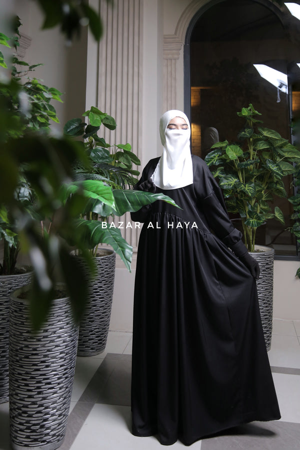 Erina Black Abaya Dress, Uniqe Round Collar Classic Design - Puff Sleeves