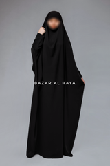 Sarah One Piece Black Jilbab - Zipper Sleeves - Silk Crepe