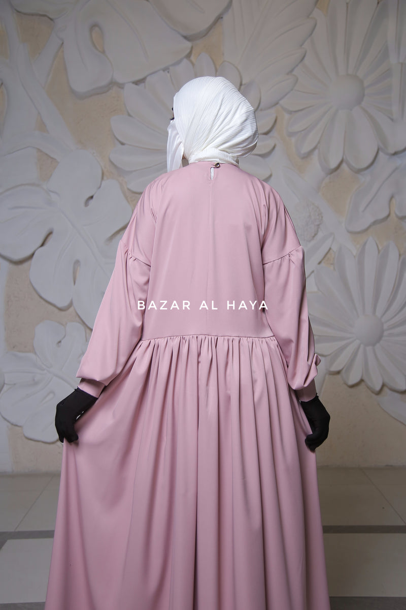 Erina Pink Abaya Dress, Unique Round Collar Classic Design - Puff Sleeves