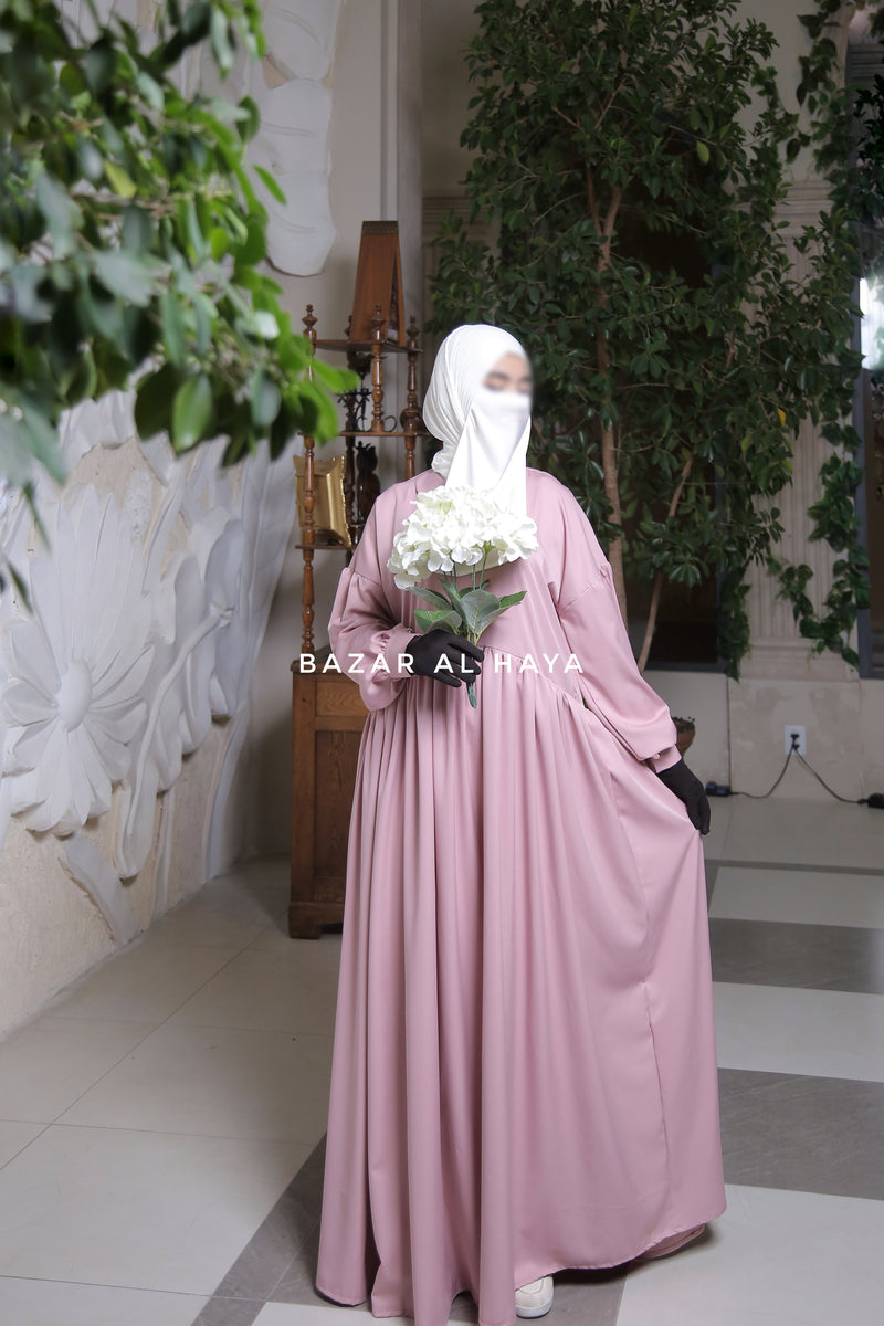 Erina Pink Abaya Dress, Unique Round Collar Classic Design - Puff Sleeves