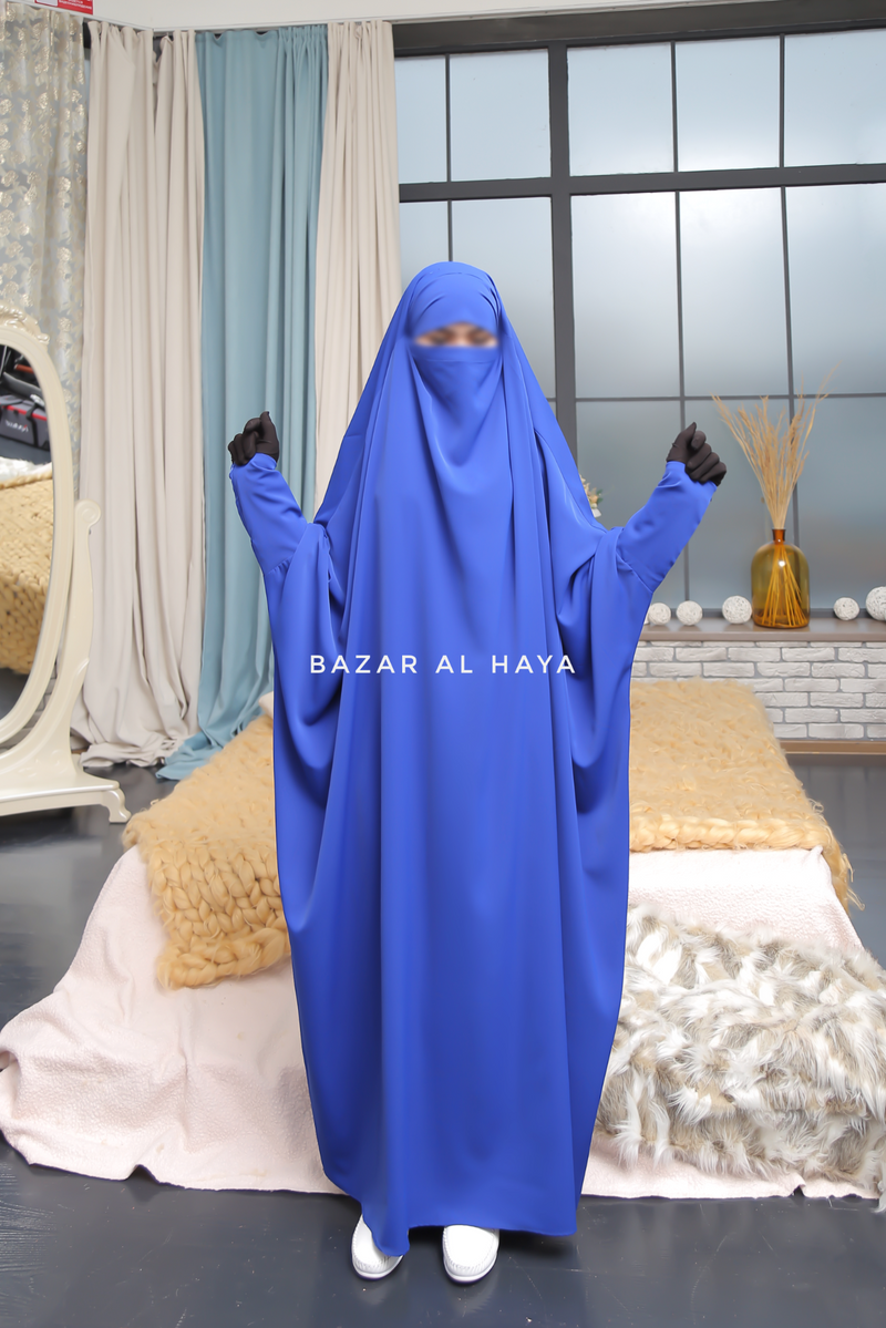 Sarah One Piece Royal Blue Jilbab - Zipper Sleeves - Silk Crepe