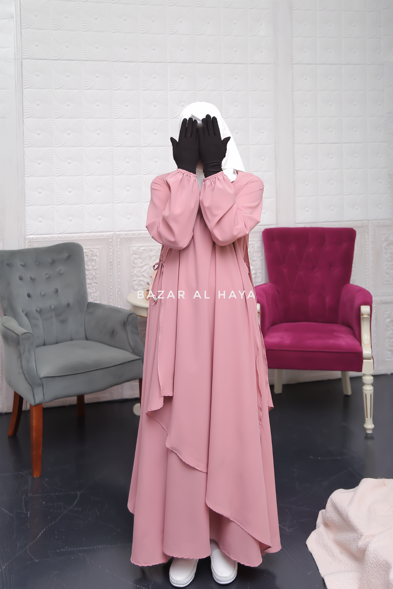 Pakiza Thulian Pink Double Layered Minimalistic Style Abaya - Soft Georgette