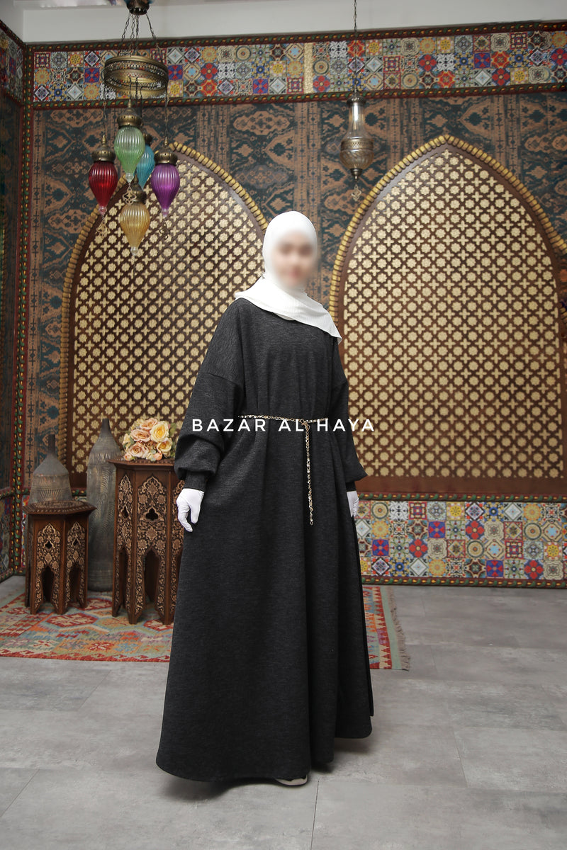 Basimah Charcoal Classic Design Warm Abaya Coat - Premium Wool
