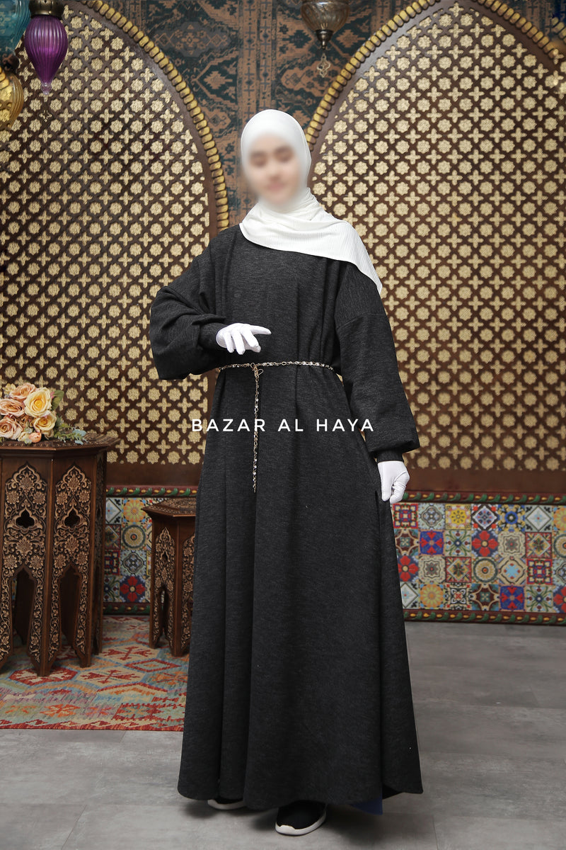 Basimah Charcoal Classic Design Warm Abaya Coat - Premium Wool
