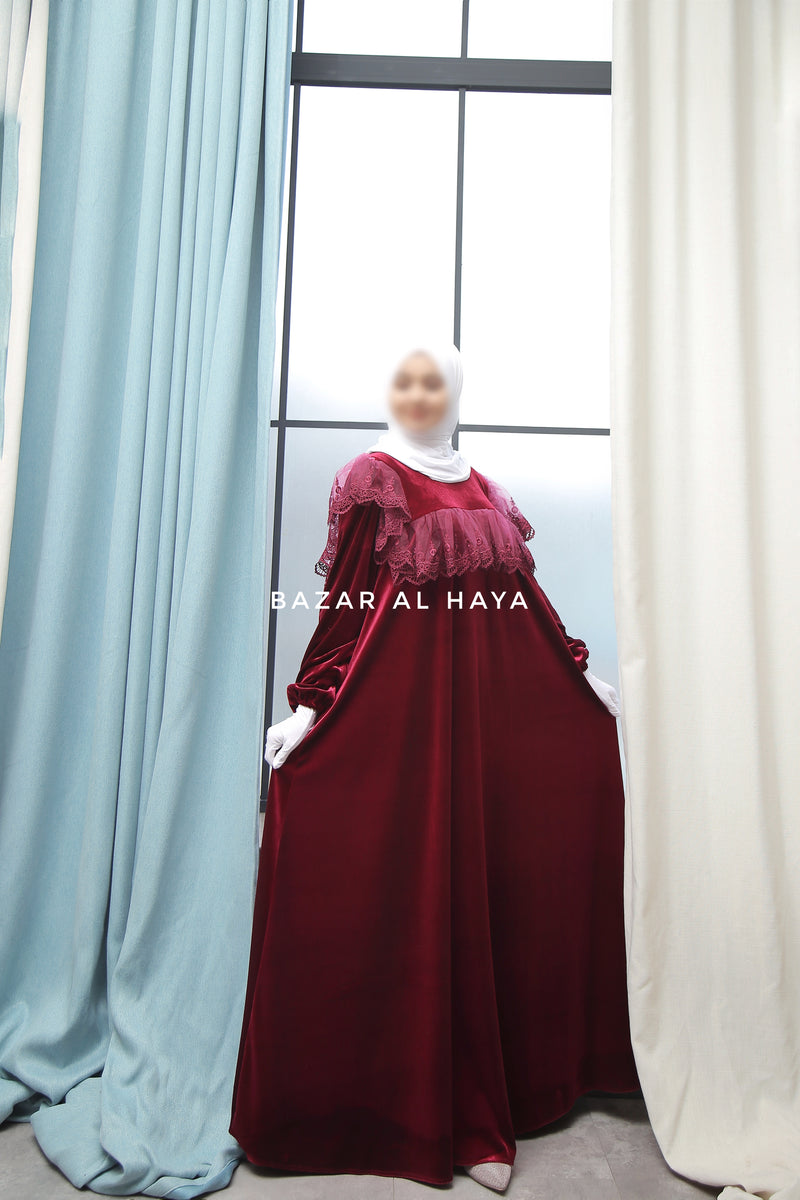 Burgundy Nabeela Dress With Lace Shoulder Detail - Premium Velour