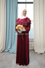 Burgundy Nabeela Dress With Lace Shoulder Detail - Premium Velour