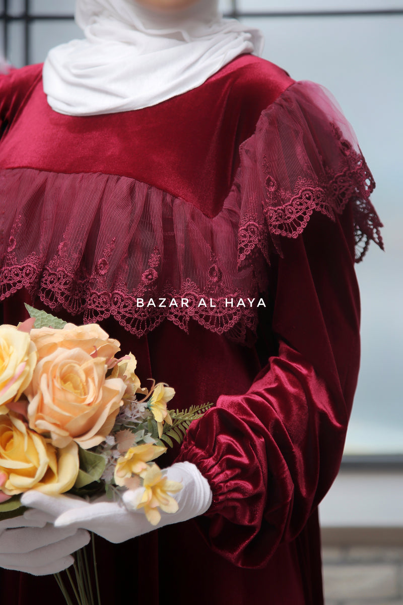 Burgundy Nabeela Dress With Lace Shoulder Detail - Premium Velour