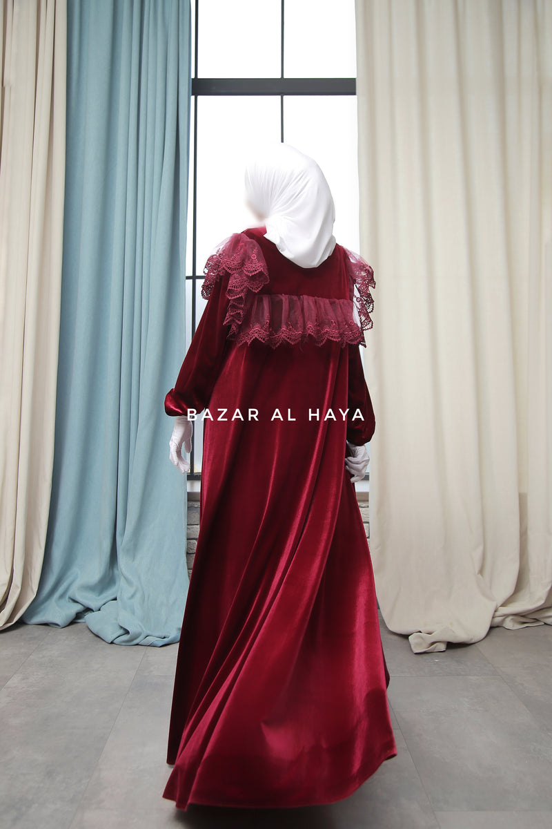 Burgundy Nabeela Dress With Lace Shoulder Detail - Premium Velour