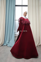 Burgundy Nabeela Dress With Lace Shoulder Detail - Premium Velour