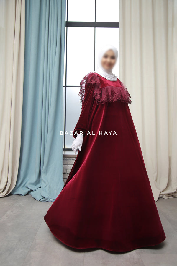 Burgundy Nabeela Dress With Lace Shoulder Detail - Premium Velour