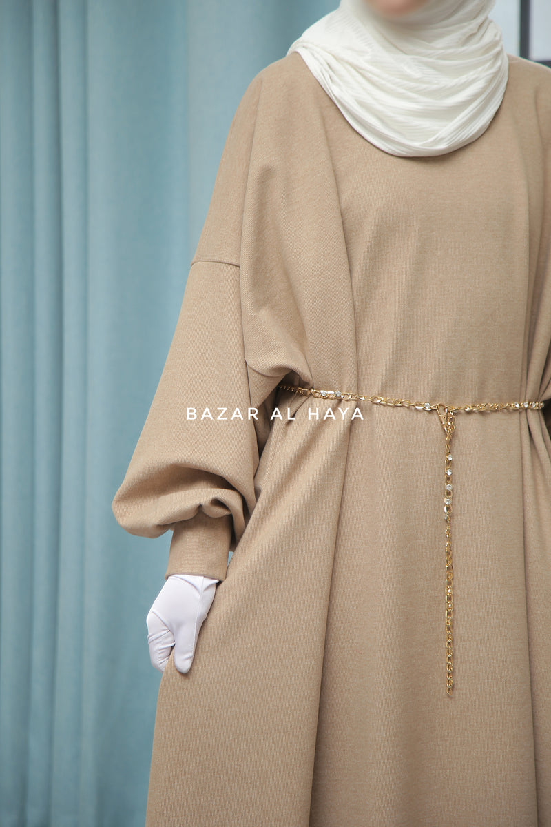 Basimah Beige Classic Design Warm Abaya Coat - Premium Wool