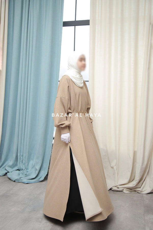 Basimah Beige Classic Design Warm Abaya Coat - Premium Wool