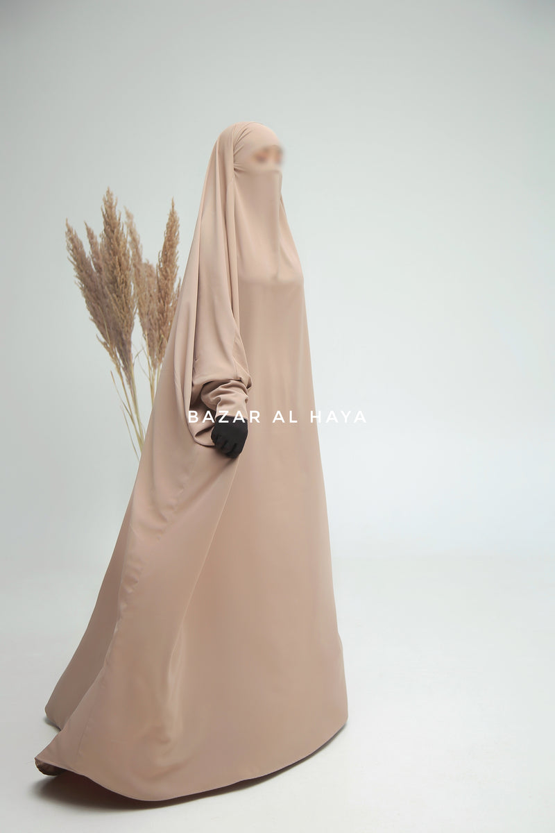 Sarah One Piece Mocha Jilbab - Zipper Sleeves - Silk Crepe