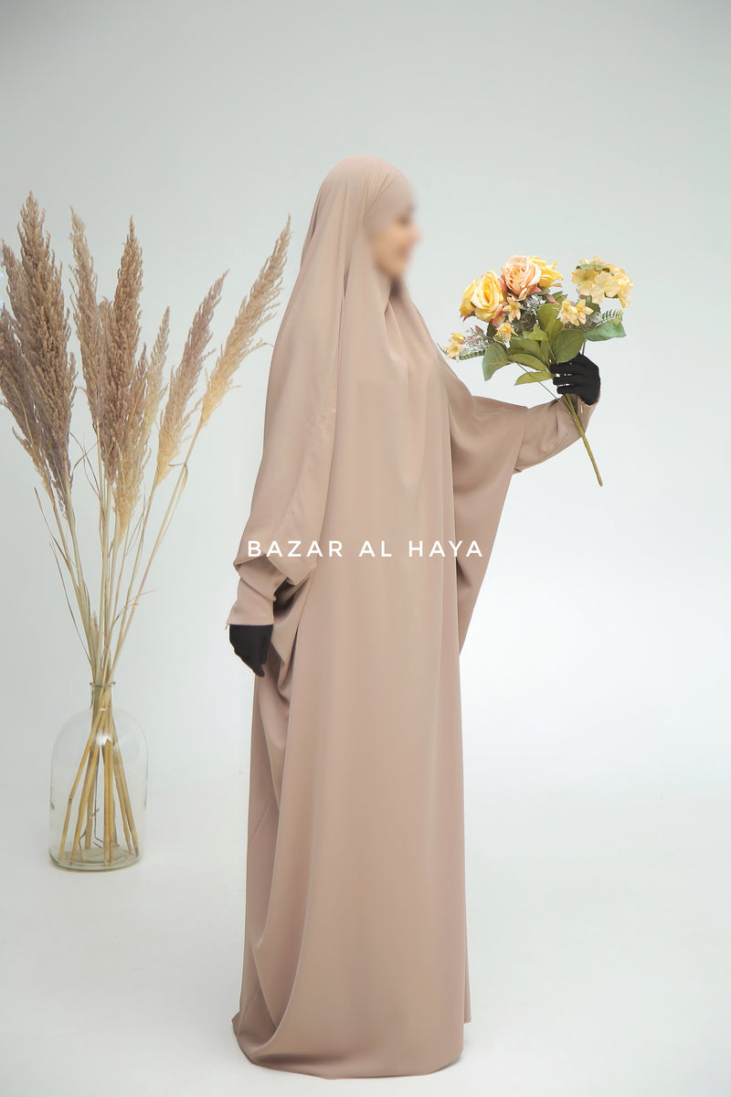 Sarah One Piece Mocha Jilbab - Zipper Sleeves - Silk Crepe