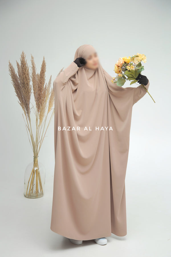 Sarah One Piece Mocha Jilbab - Zipper Sleeves - Silk Crepe