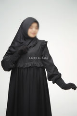 Black Zaina Ruffle Shoulders & Under Bust Abaya Dress - Soft Silk Crepe